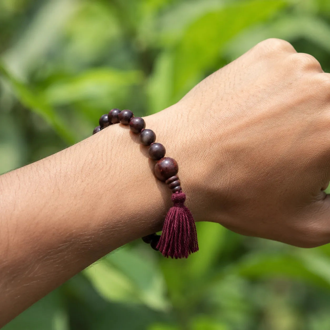 10MM Original Chandan Sandalwood Berkho Bracelet with knotted beads and red tassel handmade spiritual wooden bead bracelet for meditation prayer and daily wear