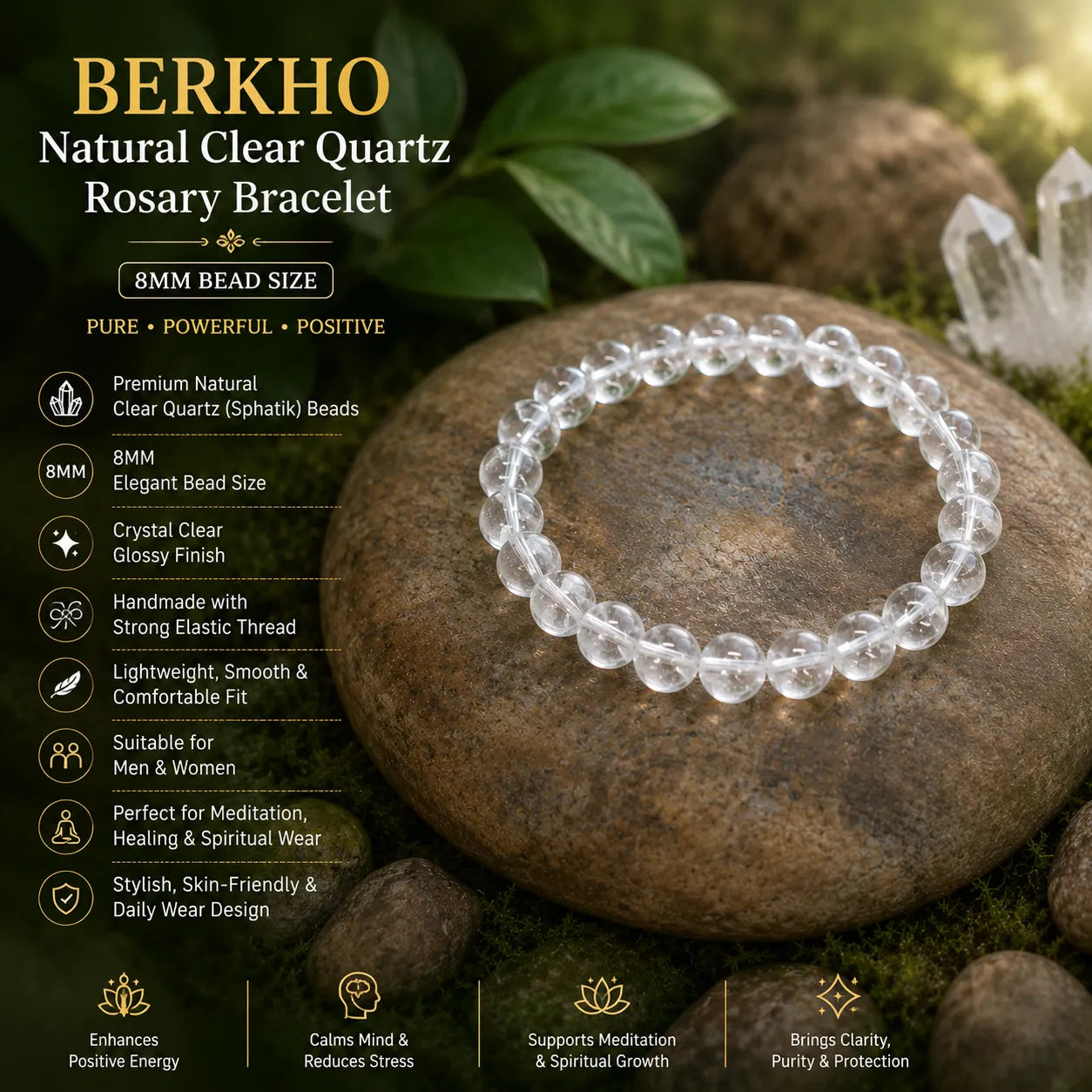 Natural Clear Quartz Bracelet 8MM Original Sphatik Crystal Healing Bracelet for Meditation and Positive Energy