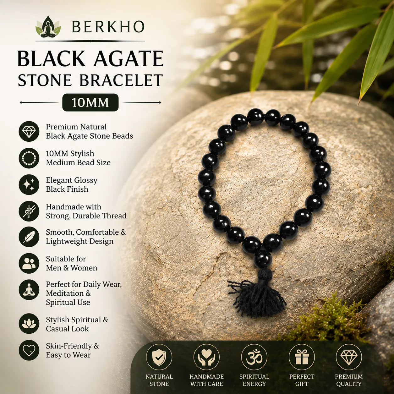 10MM Black Agate Stone Berkho Bracelet with Natural Black Gemstone Beads and Glossy Finish for Men and Women