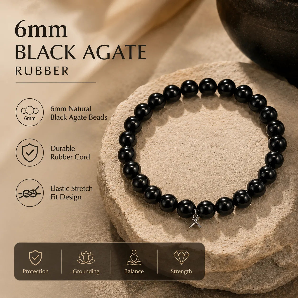 6MM Natural Black Agate Stone Bracelet Berkho with polished black gemstone beads for men and women