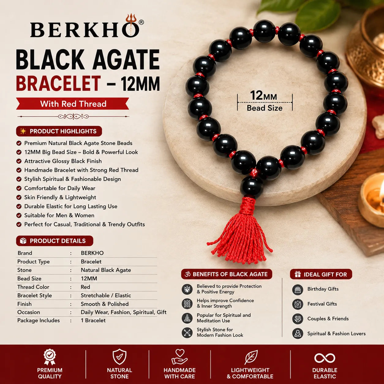 12MM Black Agate Berkho Bracelet with Red Thread and Natural Black Agate Stone Beads for Men and Women