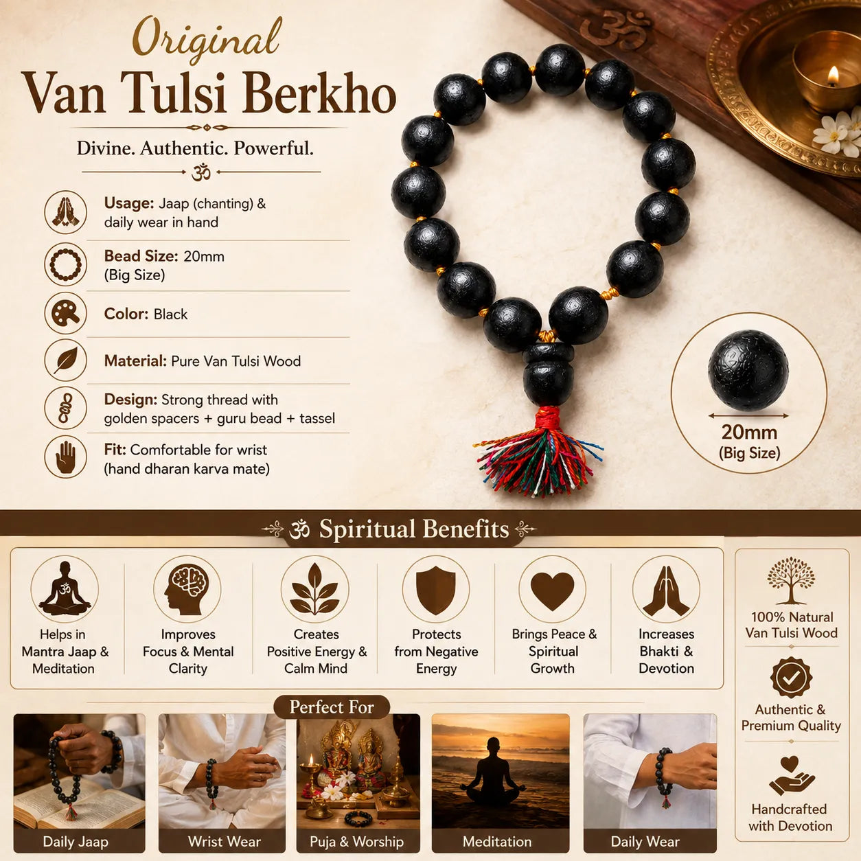 20MM Black Color Original Van Tulsi Berkho Bracelet Handmade Natural Tulsi Wood Spiritual Bracelet