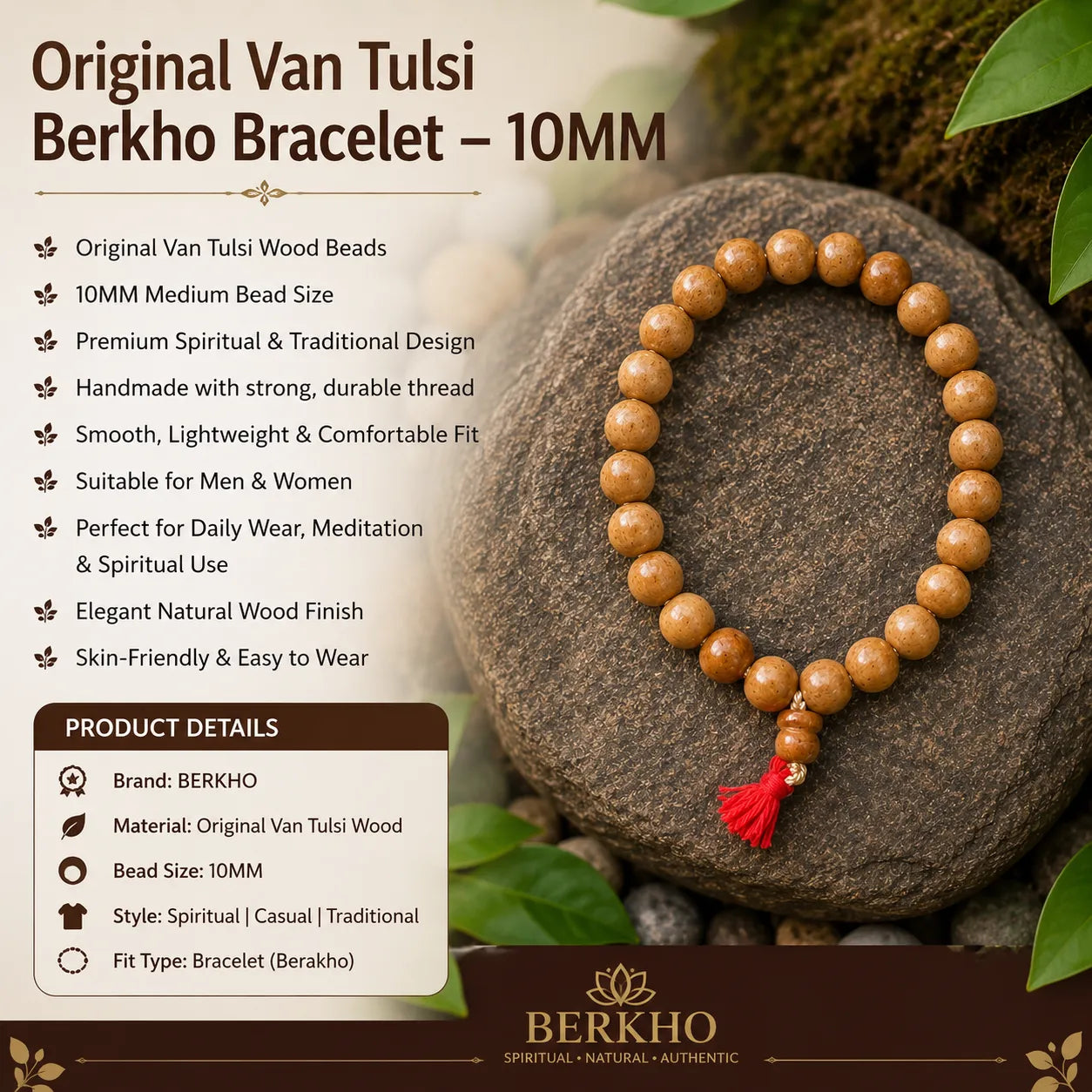 10MM Brown Color Original Van Tulsi Berkho Bracelet Handmade Natural Tulsi Wood Spiritual Bracelet