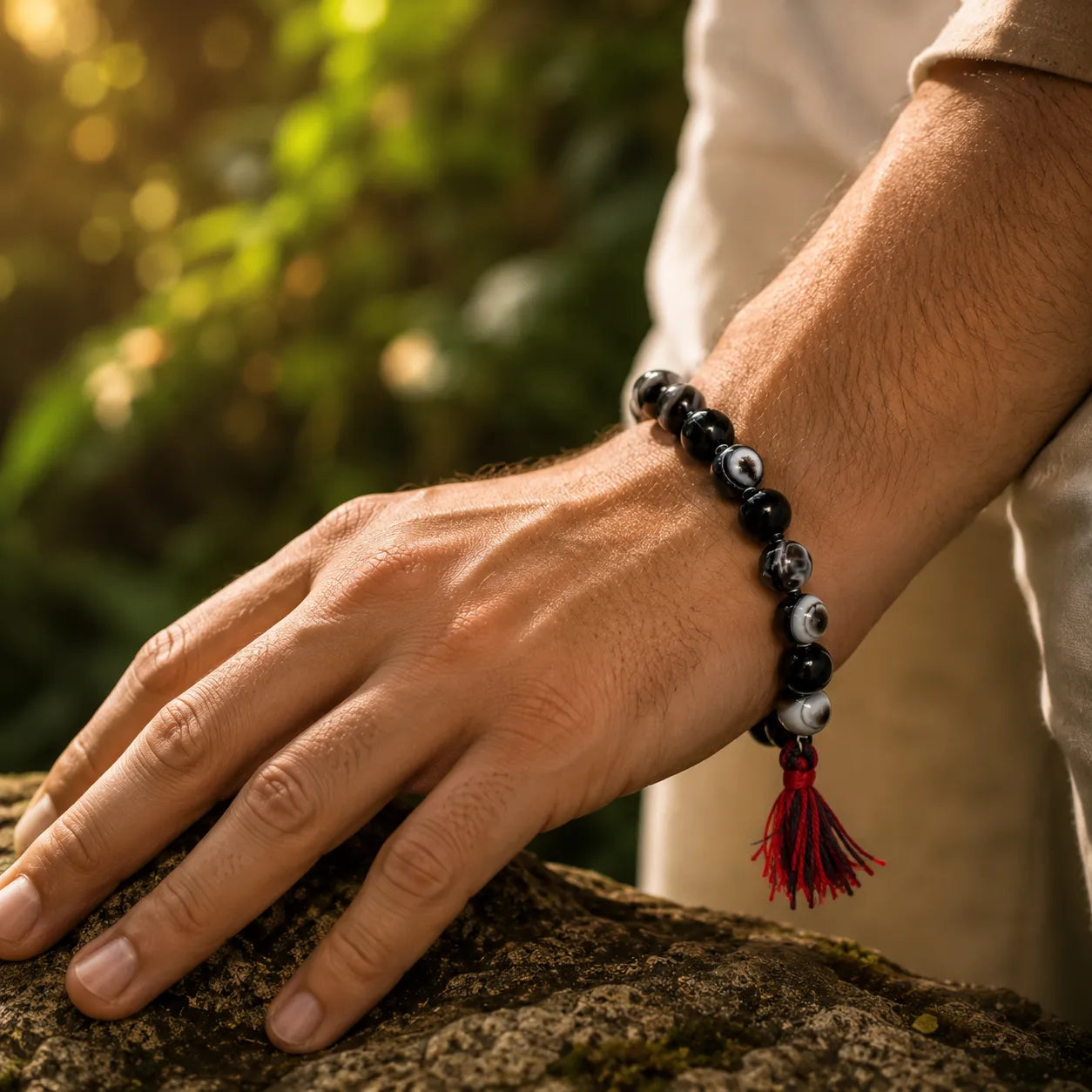 12MM Sulemani Hakik Stone Bracelet Berkho with Natural Black Banded Agate Beads