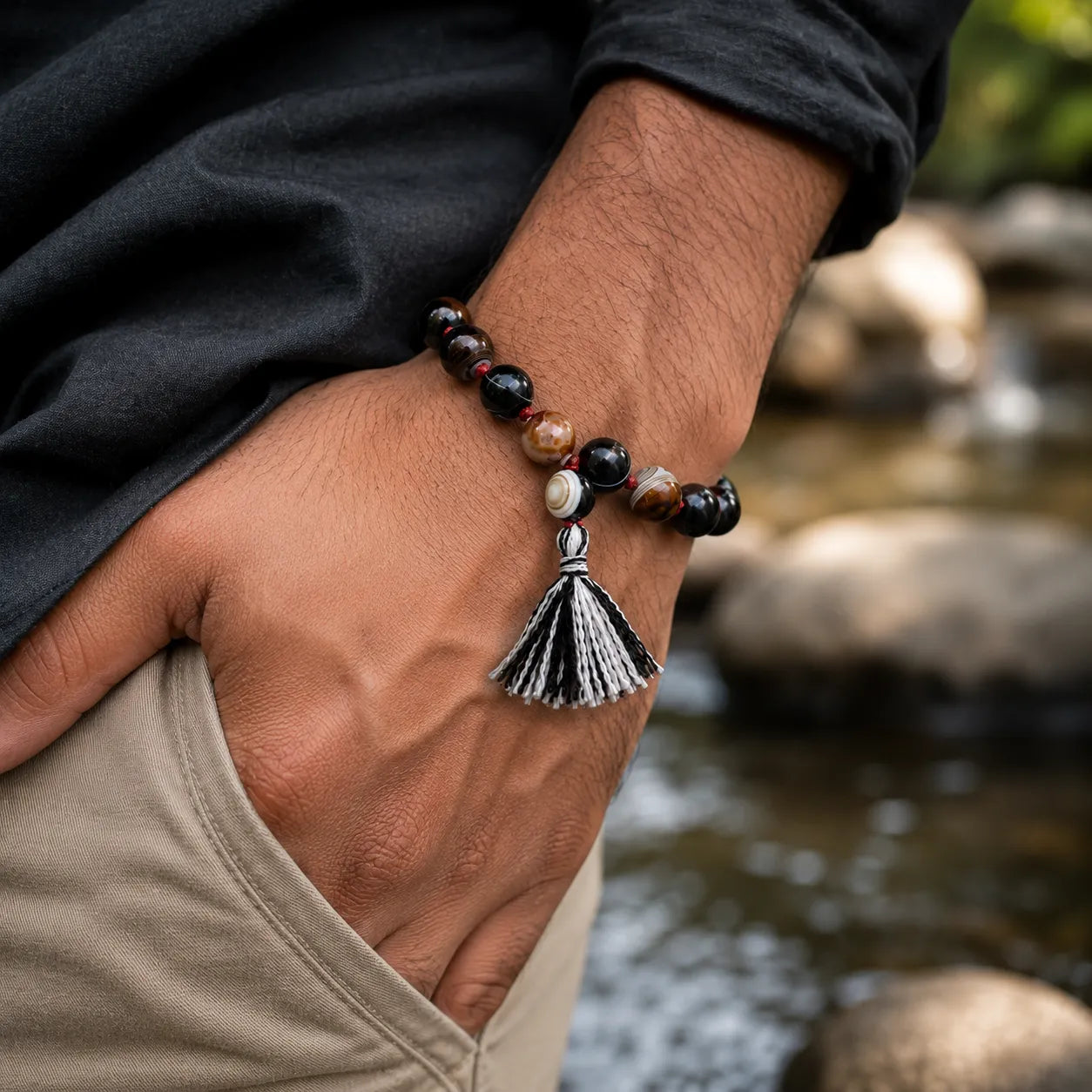 10MM Sulemani Hakik Stone Bracelet Berkho with Natural Black Banded Agate Beads