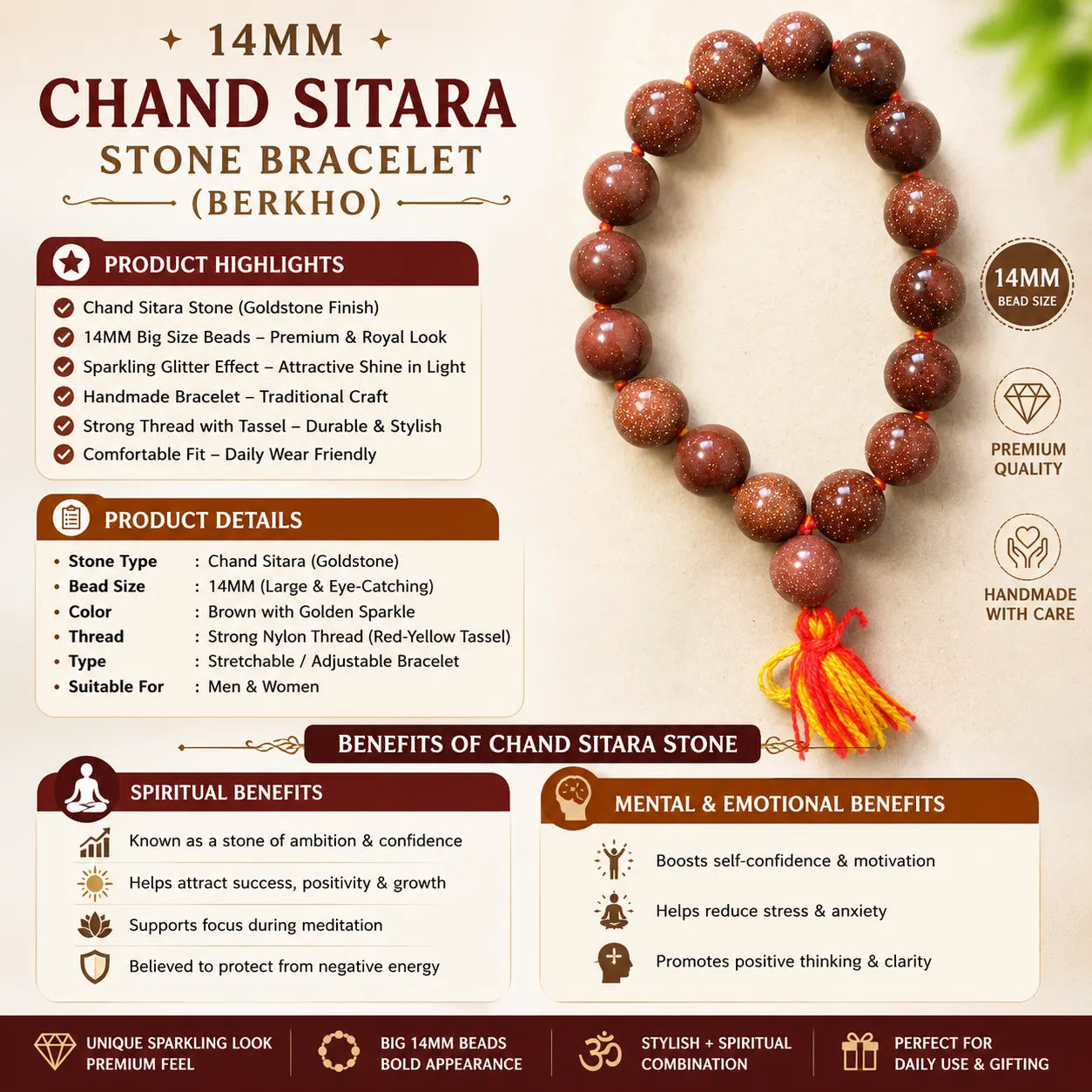 14MM Chand Sitara Stone Bracelet Berkho with sparkling Goldstone gemstone beads, handmade tassel, and premium finish for confidence and positivity.