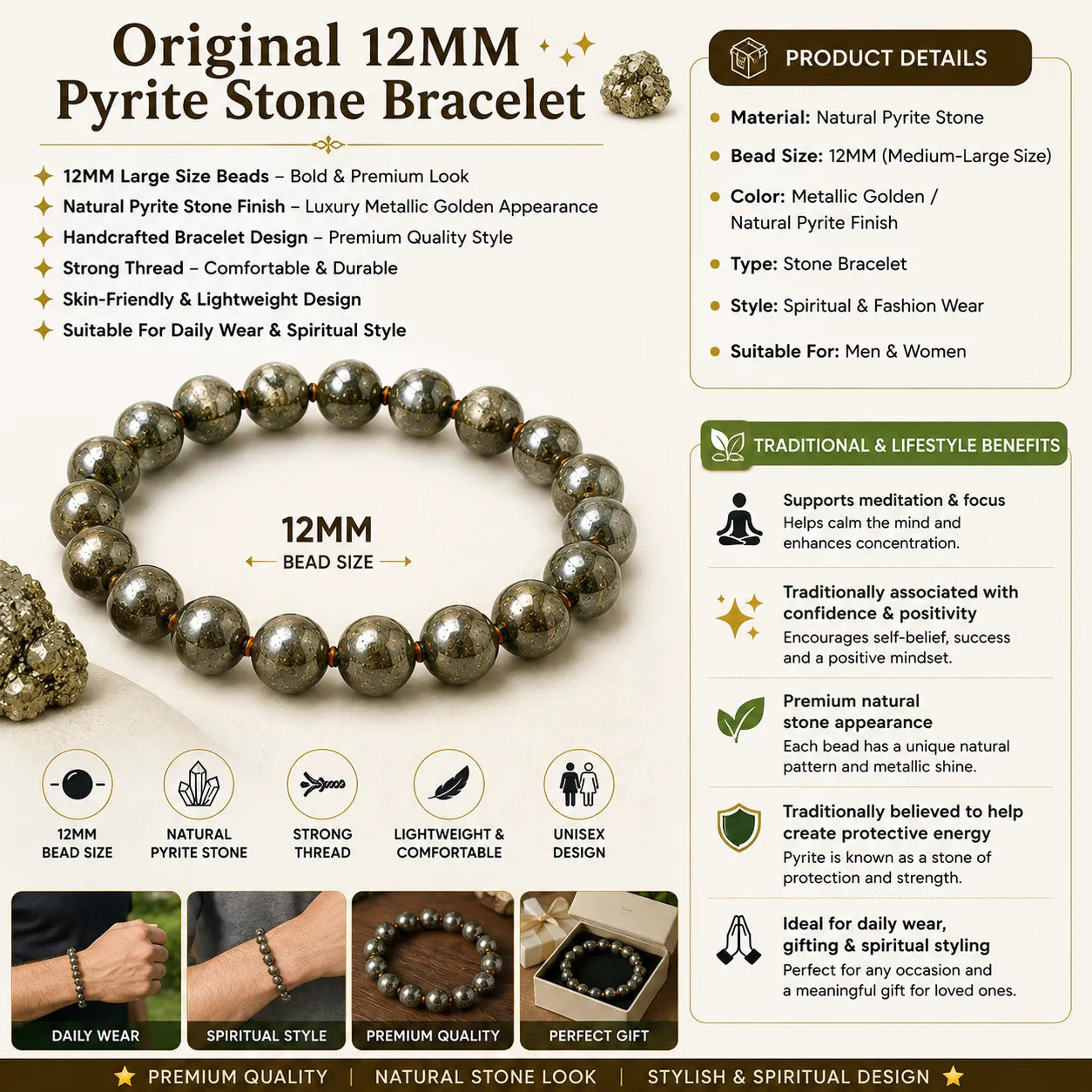 Original 12MM Natural Pyrite Stone Bracelet with Metallic Golden Gemstone Beads for Men and Women