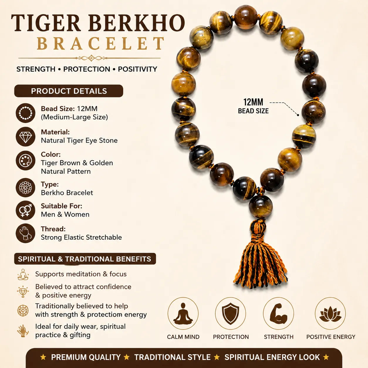 12MM Natural Tiger Eye Stone Berkho Bracelet with Golden Brown Gemstone Beads for Men and Women