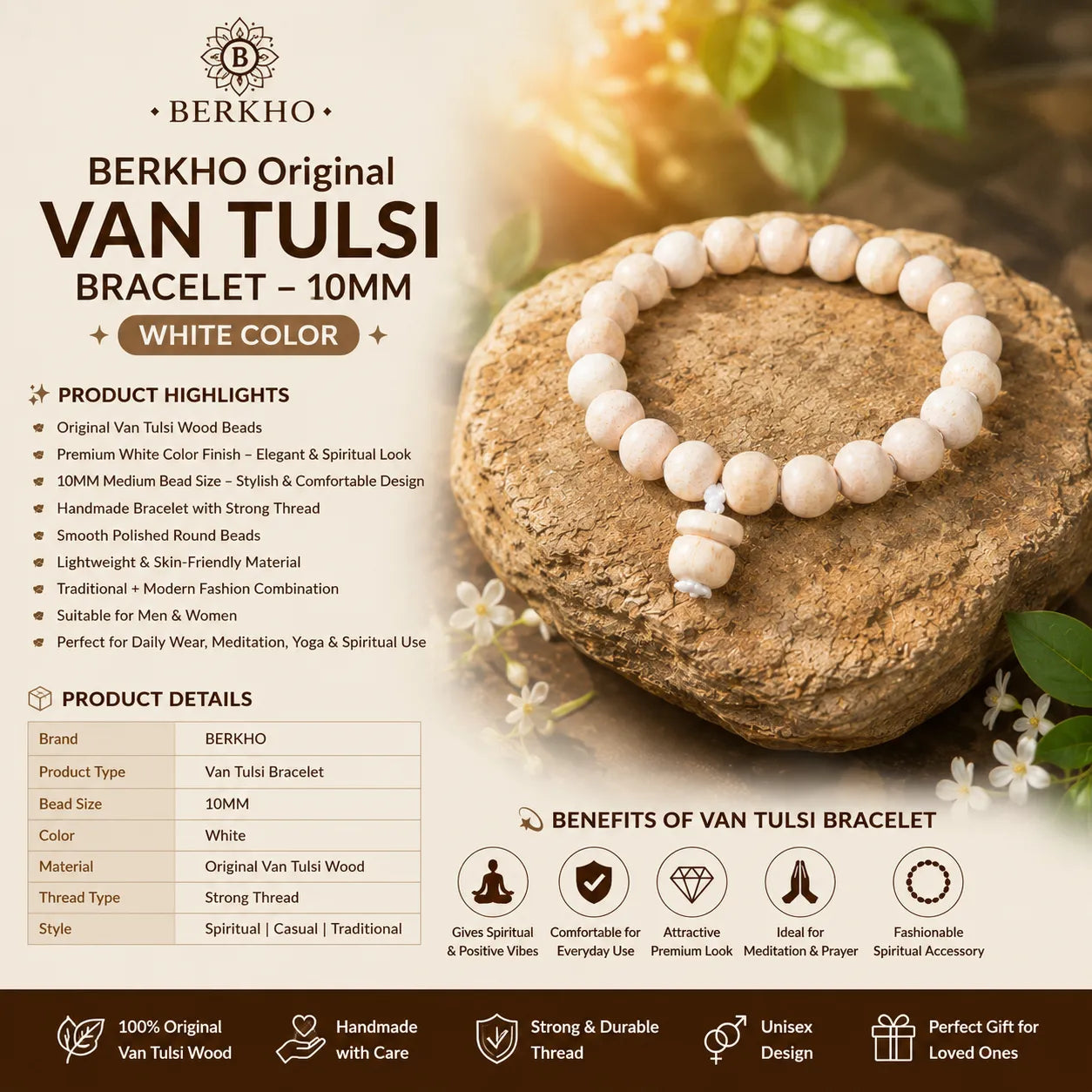 10MM White Color Original Van Tulsi Berkho Bracelet Handmade Natural Tulsi Wood Spiritual Bracelet