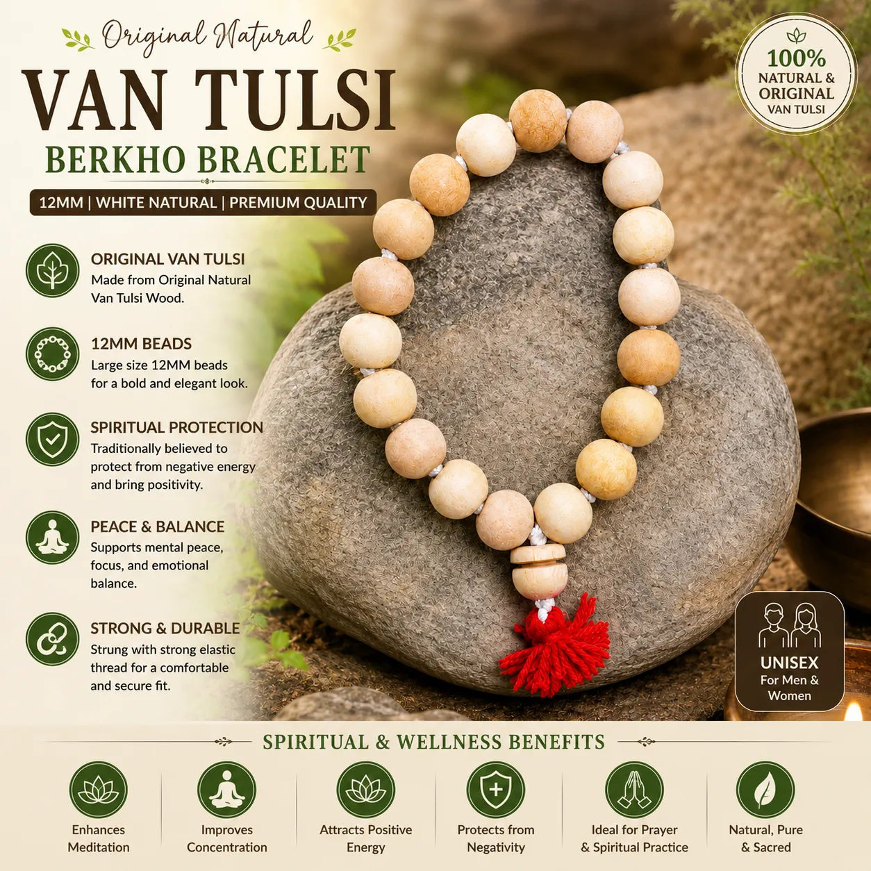 12MM White Color Original Van Tulsi Berkho Bracelet Handmade Natural Tulsi Wood Spiritual Bracelet