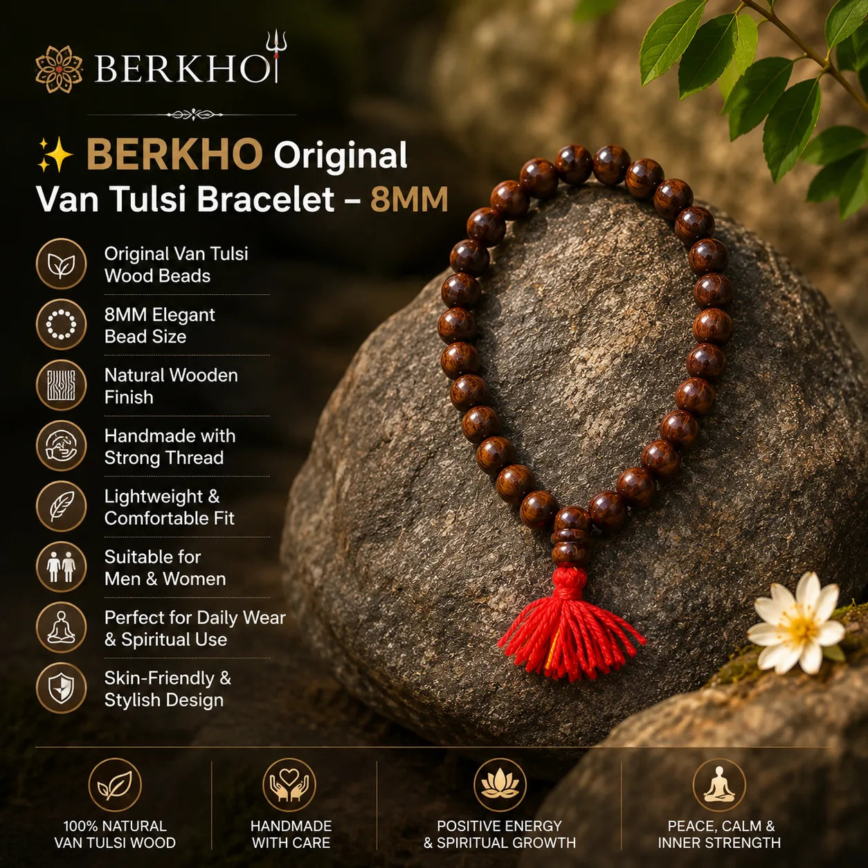 8MM Woodan Color Original Van Tulsi Berkho Bracelet Natural Tulsi Wood Bead Bracelet