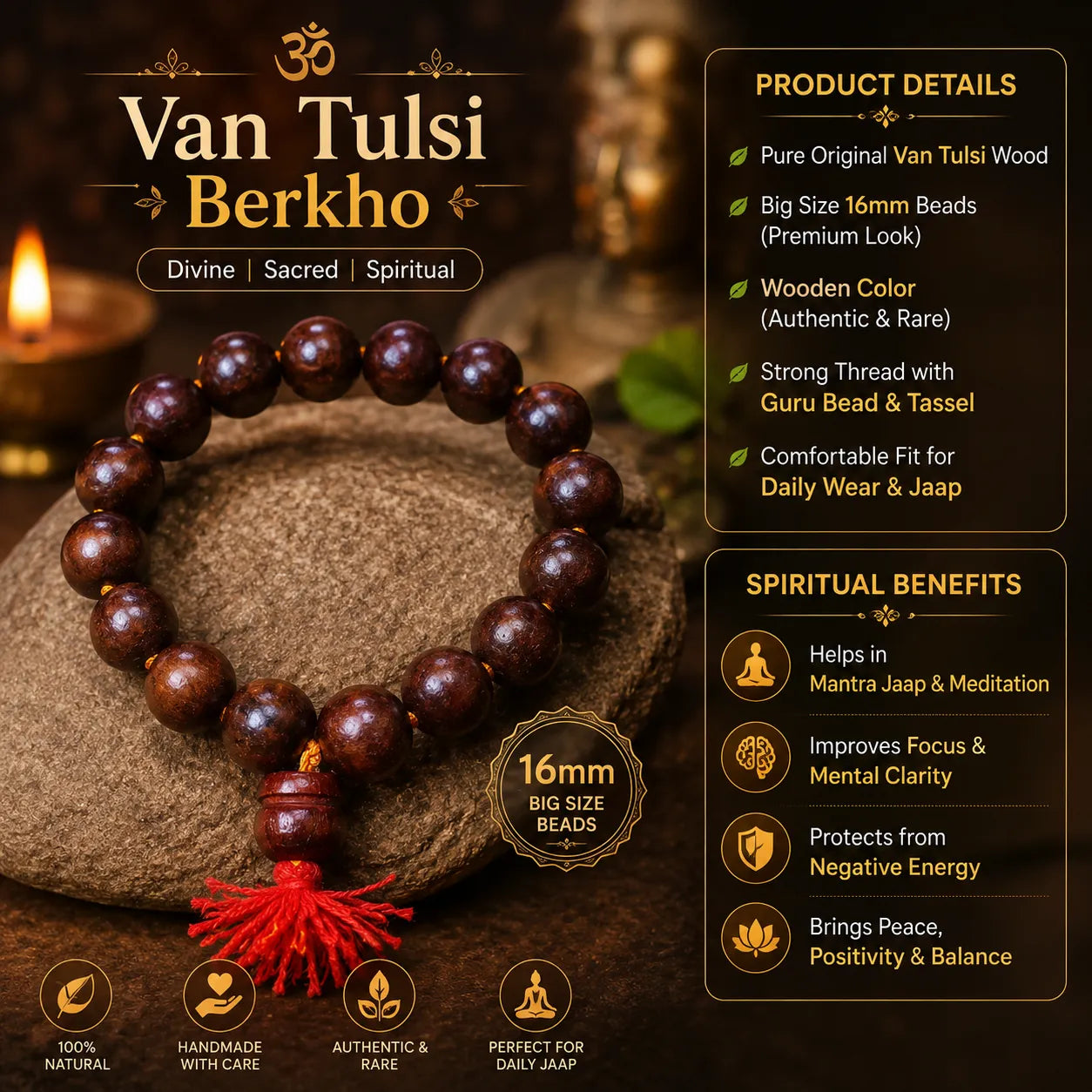 16MM Wooden Color Original Van Tulsi Berkho Bracelet Handmade Natural Tulsi Wood Spiritual Bracelet