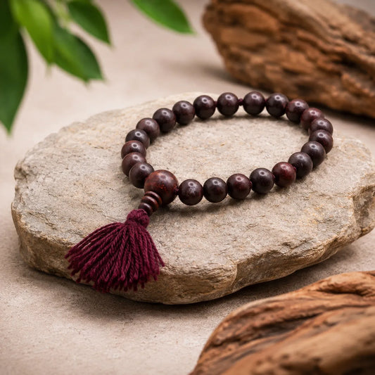 10MM Original Chandan Sandalwood Berkho Bracelet with knotted beads and red tassel handmade spiritual wooden bead bracelet for meditation prayer and daily wear
