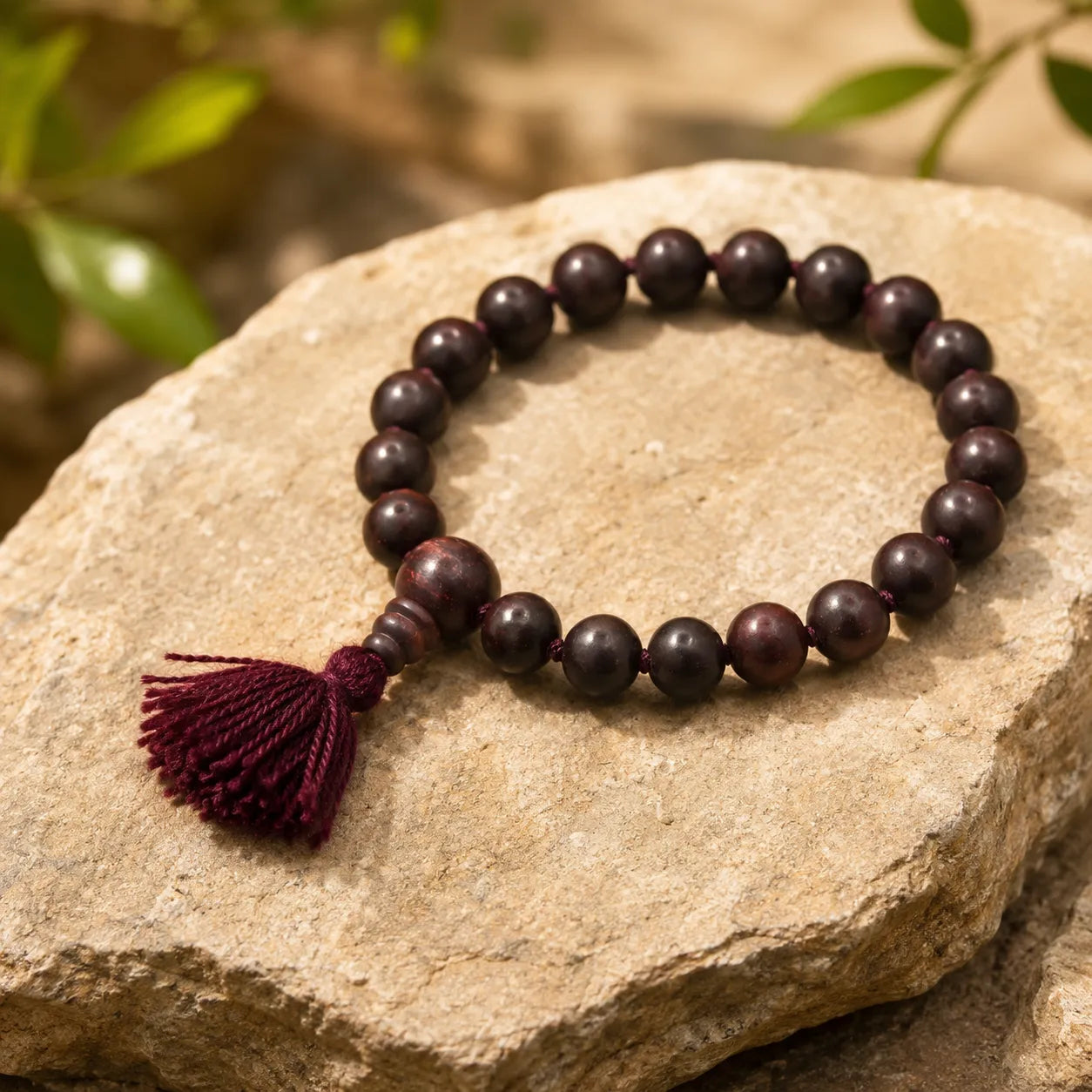 10MM Original Chandan Sandalwood Berkho Bracelet with knotted beads and red tassel handmade spiritual wooden bead bracelet for meditation prayer and daily wear