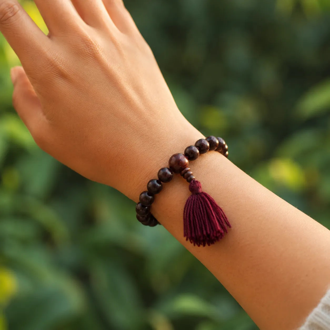 10MM Original Chandan Sandalwood Berkho Bracelet with knotted beads and red tassel handmade spiritual wooden bead bracelet for meditation prayer and daily wear