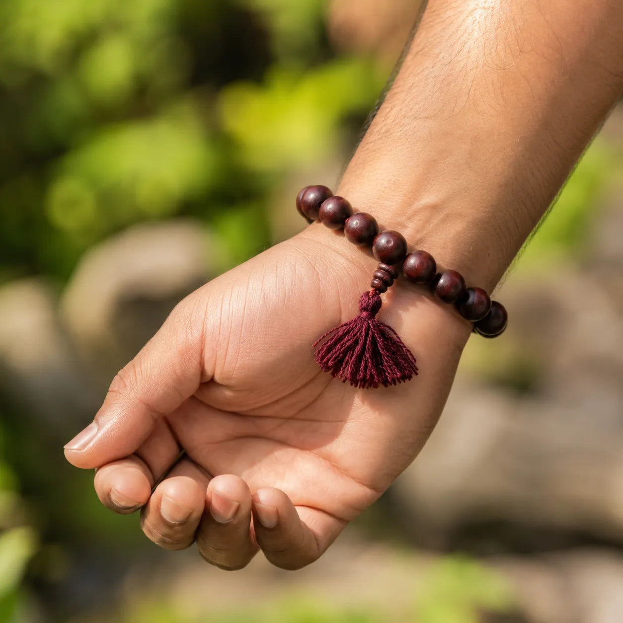 12MM Original Chandan Sandalwood Berkho Bracelet with Red Tassel handmade spiritual sandalwood mala for meditation prayer and positive energy