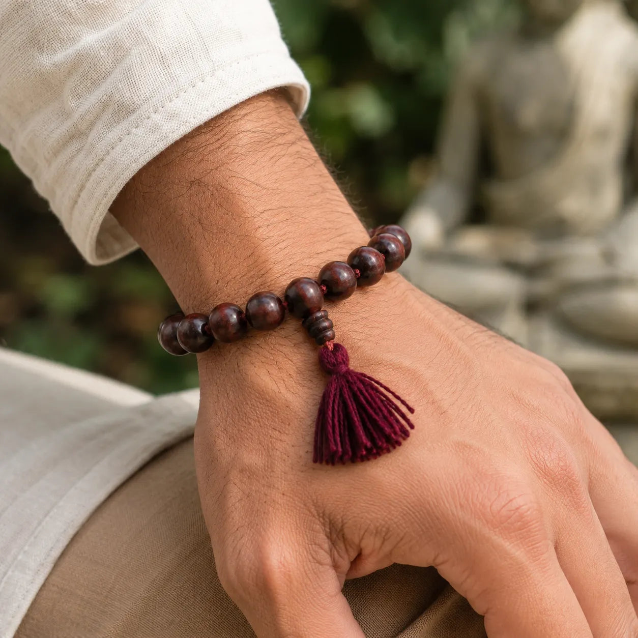 12MM Original Chandan Sandalwood Berkho Bracelet with Red Tassel handmade spiritual sandalwood mala for meditation prayer and positive energy