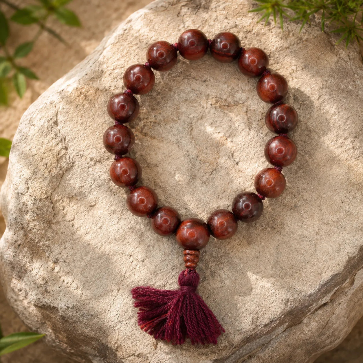 14MM Original Chandan Sandalwood Berkho Bracelet with Red Tassel handmade spiritual mala bracelet crafted from natural sandalwood beads