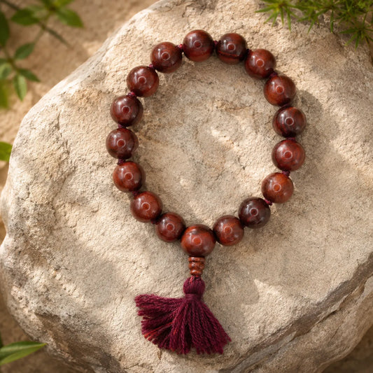 14MM Original Chandan Sandalwood Berkho Bracelet with Red Tassel handmade spiritual mala bracelet crafted from natural sandalwood beads