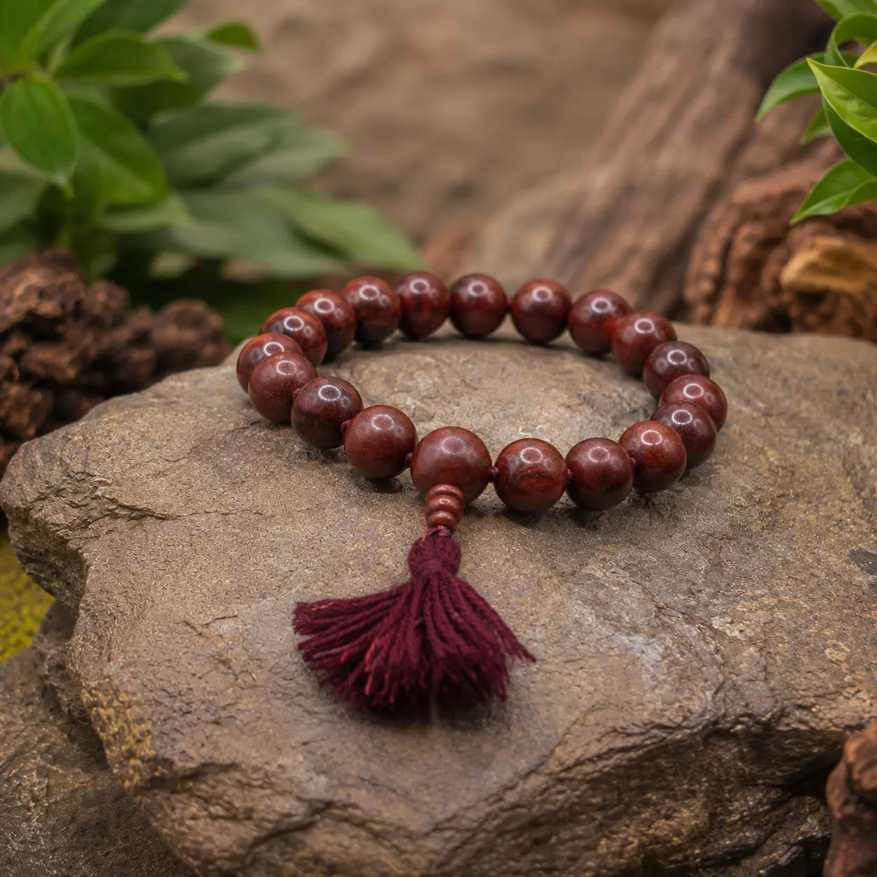 14MM Original Chandan Sandalwood Berkho Bracelet with Red Tassel handmade spiritual mala bracelet crafted from natural sandalwood beads