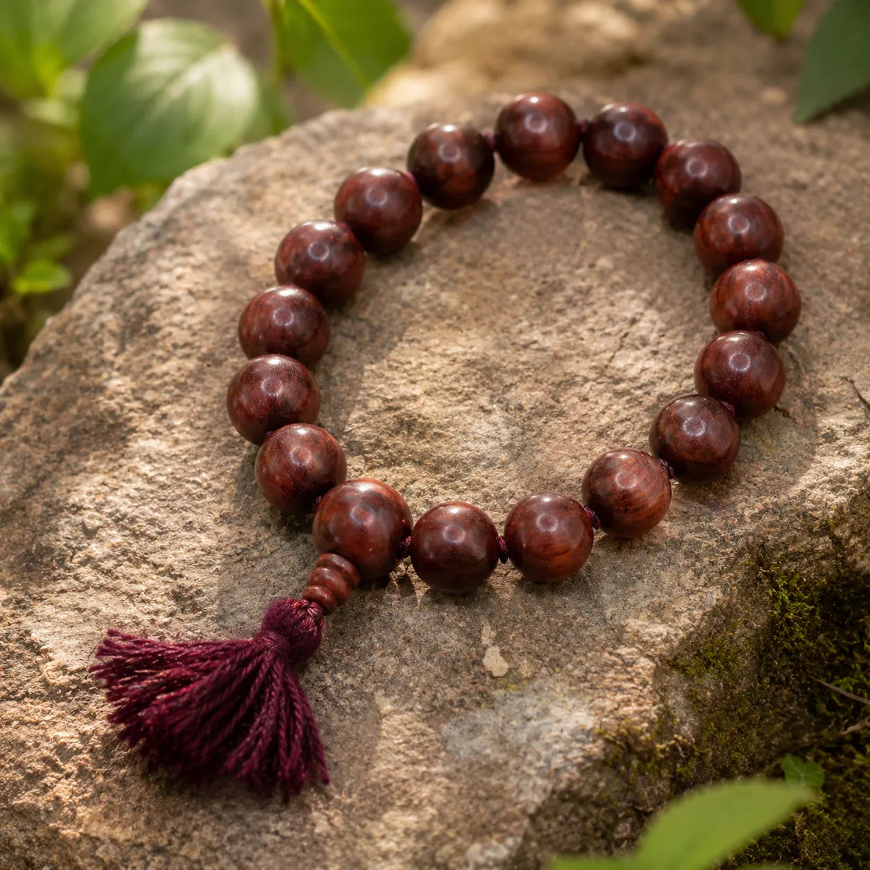 14MM Original Chandan Sandalwood Berkho Bracelet with Red Tassel handmade spiritual mala bracelet crafted from natural sandalwood beads