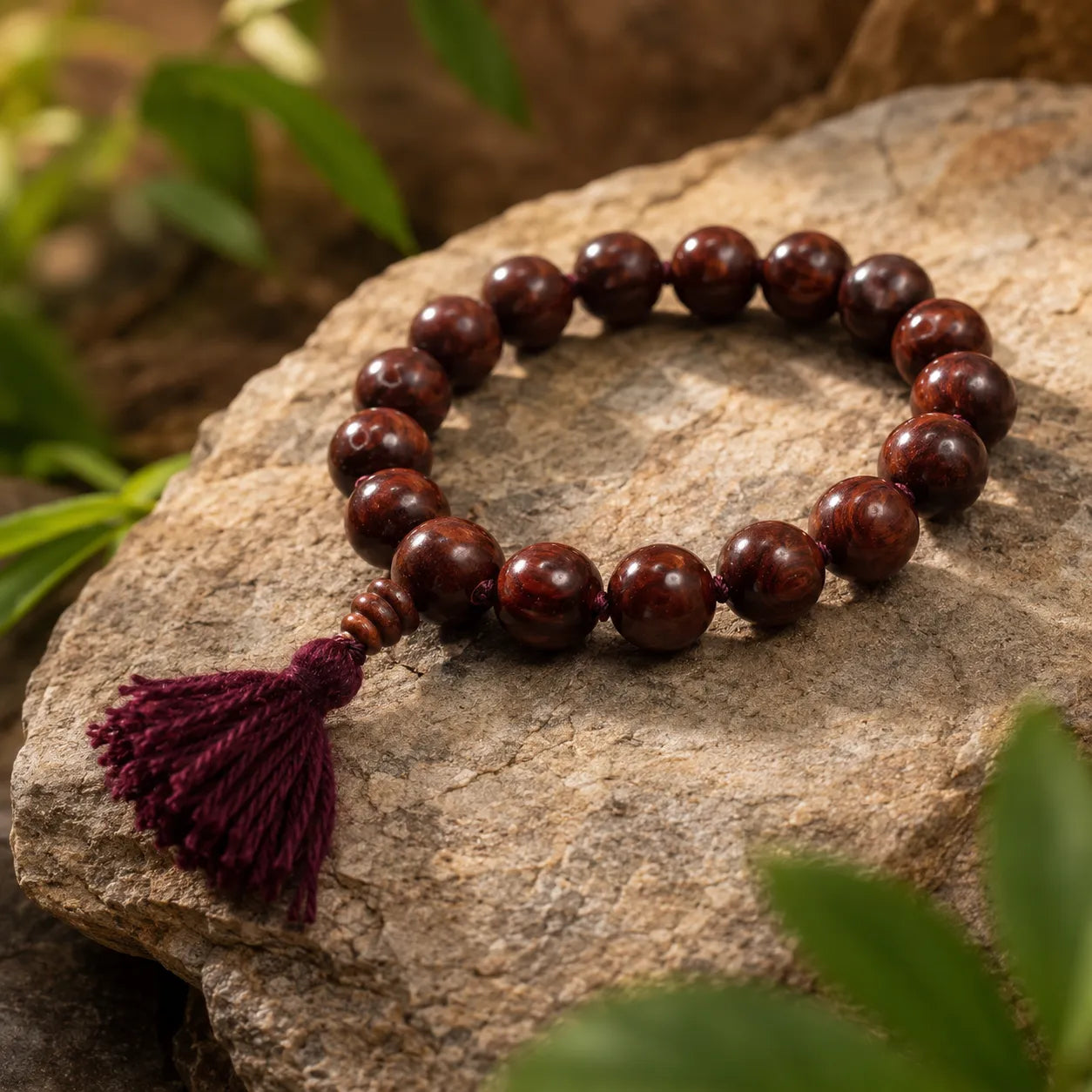 14MM Original Chandan Sandalwood Berkho Bracelet with Red Tassel handmade spiritual mala bracelet crafted from natural sandalwood beads