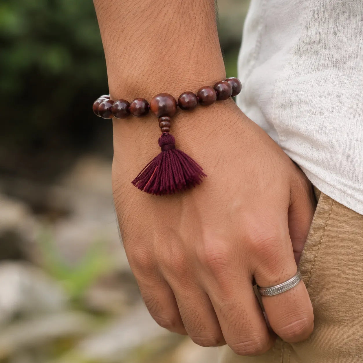 14MM Original Chandan Sandalwood Berkho Bracelet with Red Tassel handmade spiritual mala bracelet crafted from natural sandalwood beads