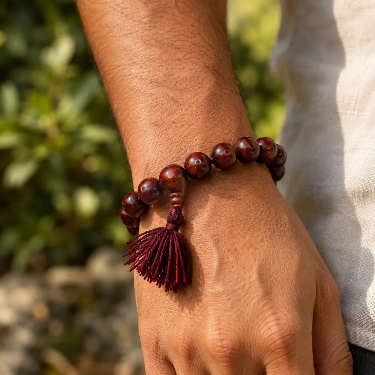 14MM Original Chandan Sandalwood Berkho Bracelet with Red Tassel handmade spiritual mala bracelet crafted from natural sandalwood beads
