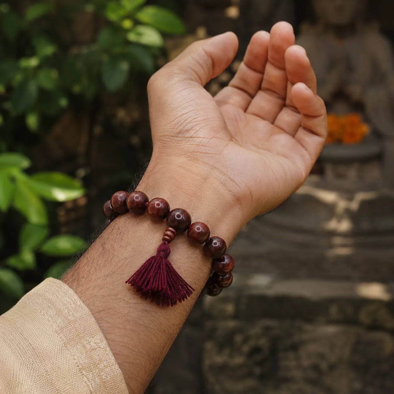 14MM Original Chandan Sandalwood Berkho Bracelet with Red Tassel handmade spiritual mala bracelet crafted from natural sandalwood beads