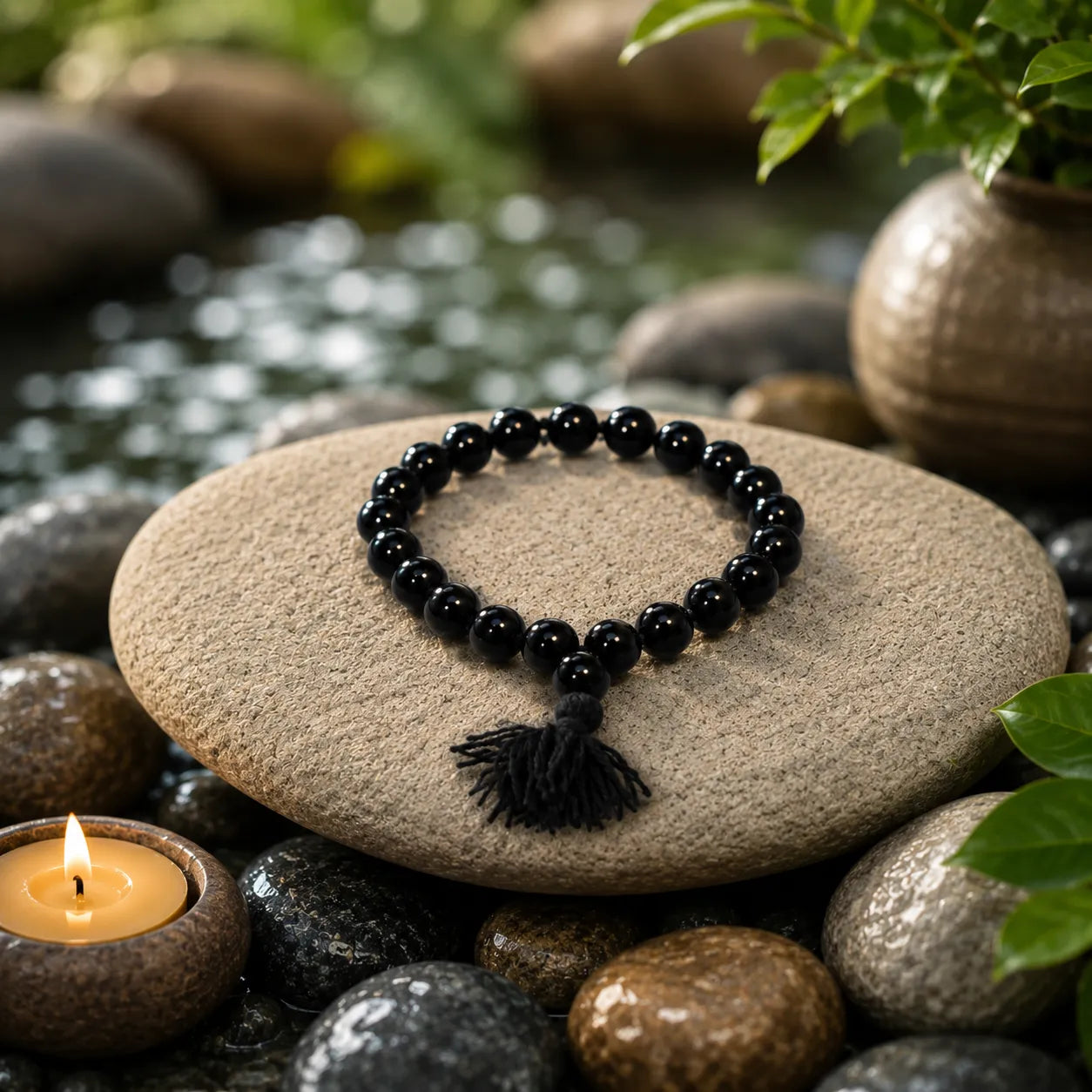 10MM Black Agate Stone Berkho Bracelet with Natural Black Gemstone Beads and Glossy Finish for Men and Women