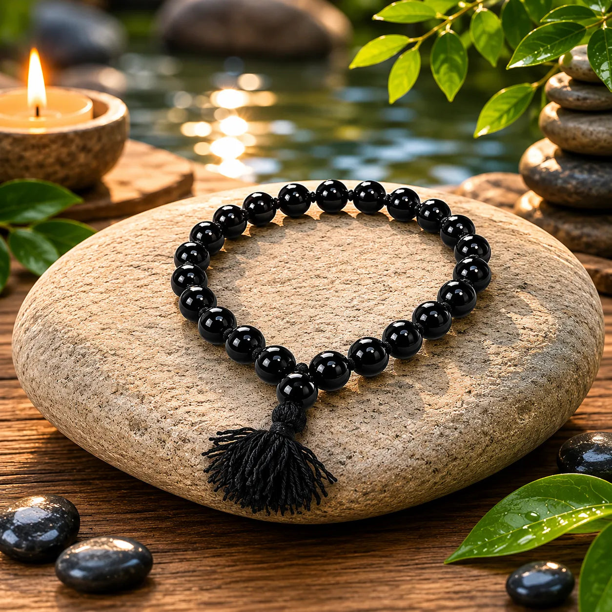 10MM Black Agate Stone Berkho Bracelet with Natural Black Gemstone Beads and Glossy Finish for Men and Women