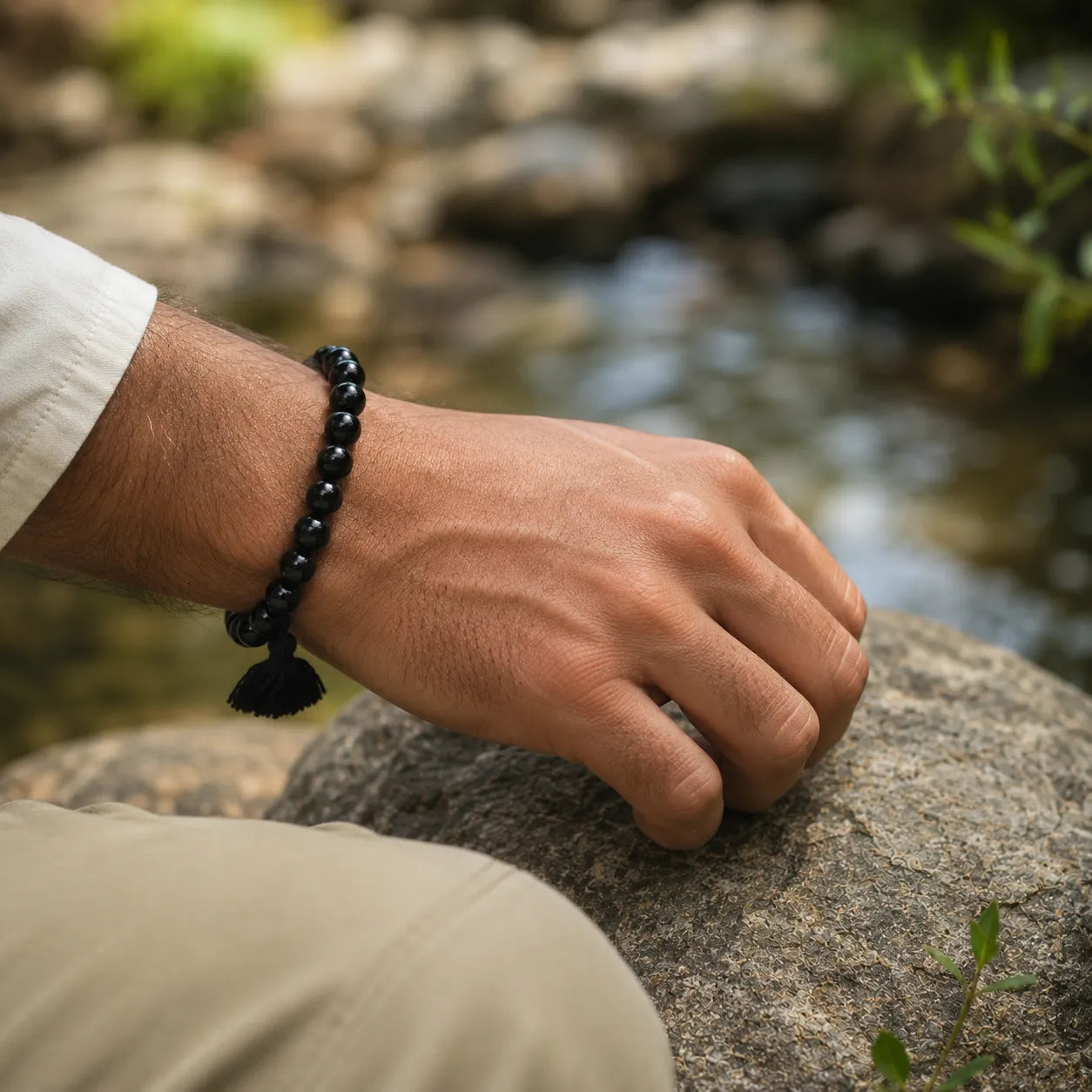 10MM Black Agate Stone Berkho Bracelet with Natural Black Gemstone Beads and Glossy Finish for Men and Women