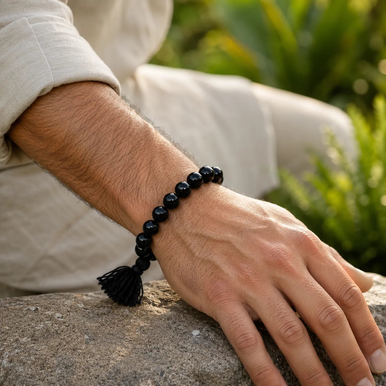 10MM Black Agate Stone Berkho Bracelet with Natural Black Gemstone Beads and Glossy Finish for Men and Women