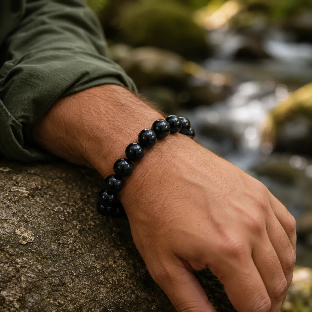 10MM Black Agate Stone Bracelet with Natural Black Gemstone Beads and Glossy Finish for Men and Women