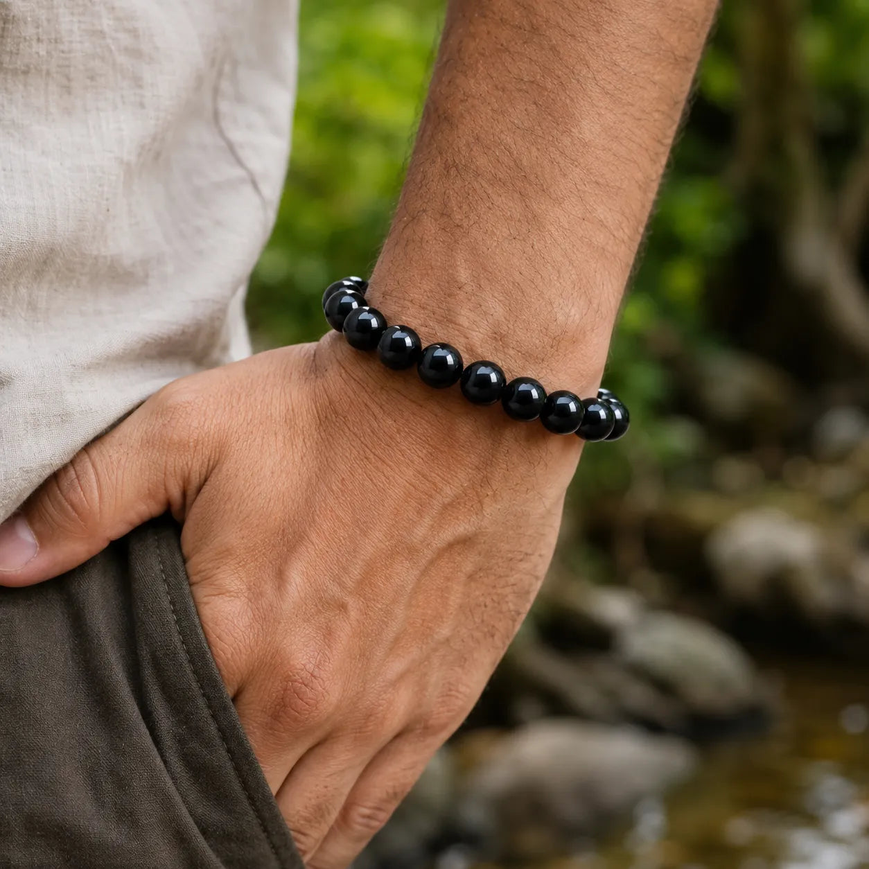 10MM Black Agate Stone Bracelet with Natural Black Gemstone Beads and Glossy Finish for Men and Women