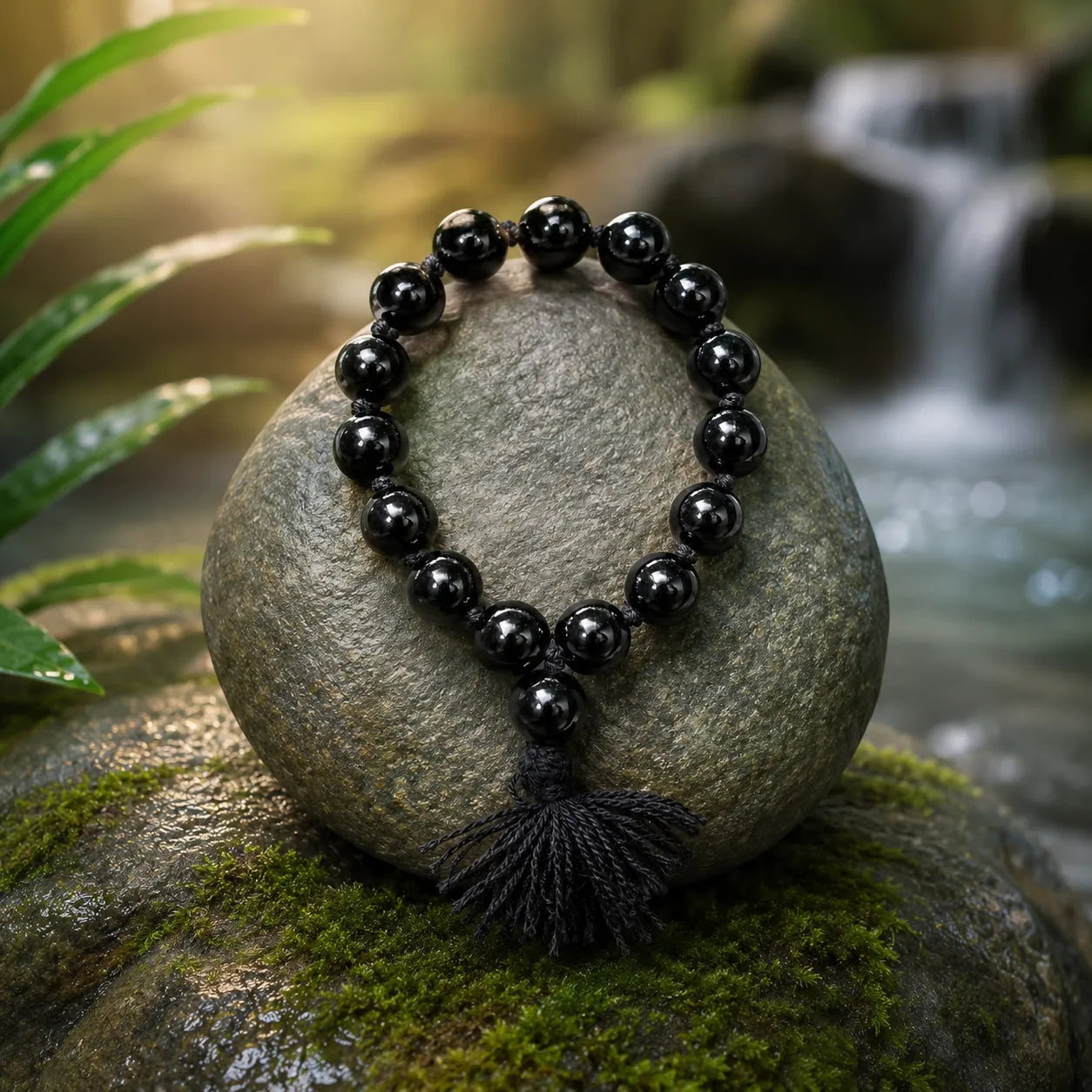 14MM Black Agate Bracelet Berkho with natural black agate stone beads, glossy finish, and handmade design for protection, confidence, and daily wear.