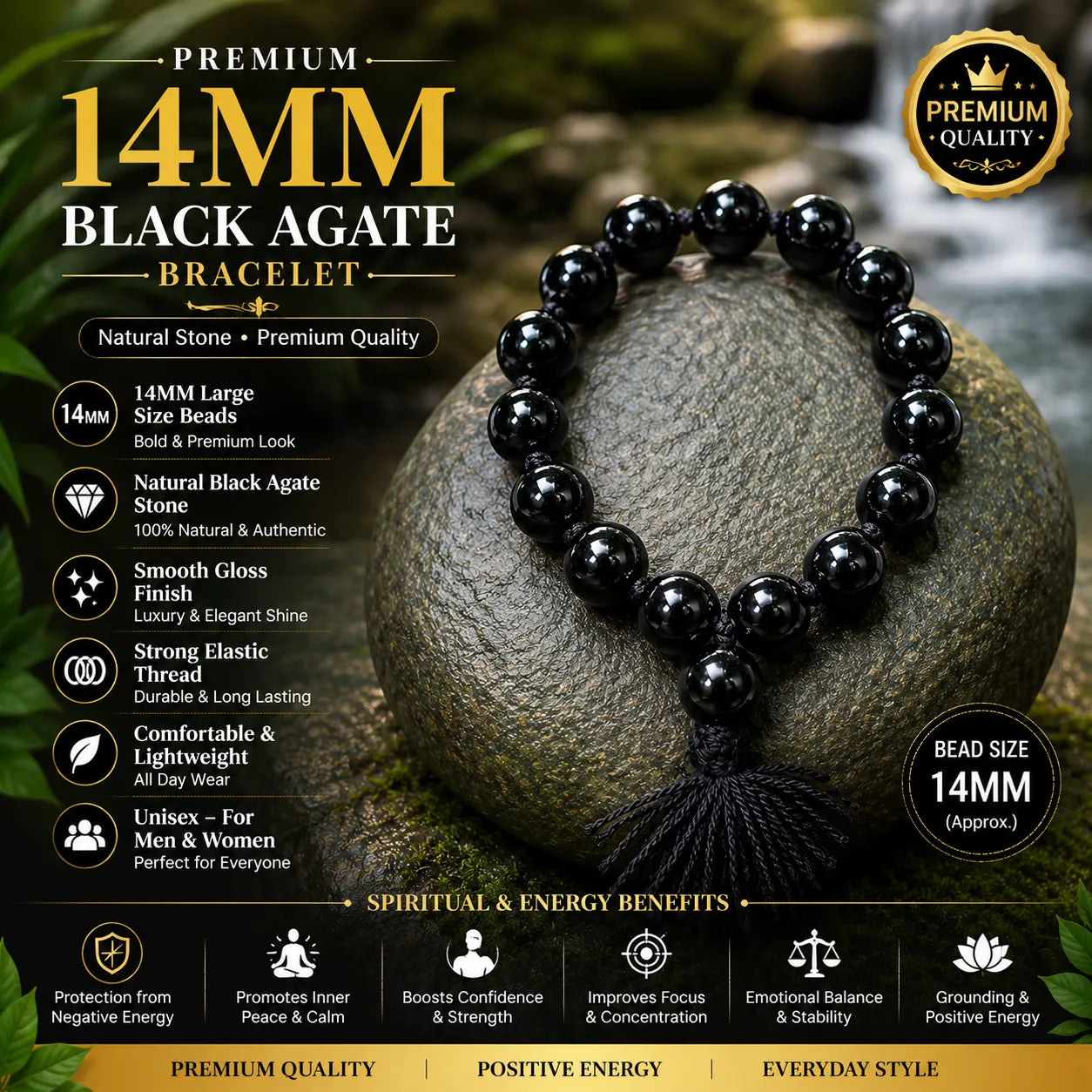 14MM Black Agate Bracelet Berkho with natural black agate stone beads, glossy finish, and handmade design for protection, confidence, and daily wear.