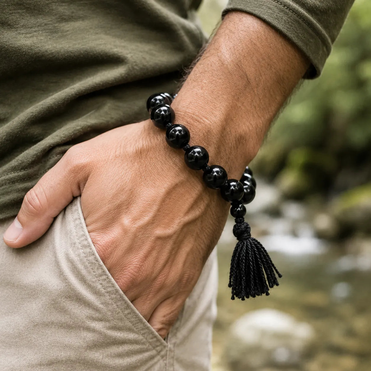 14MM Black Agate Bracelet Berkho with natural black agate stone beads, glossy finish, and handmade design for protection, confidence, and daily wear.