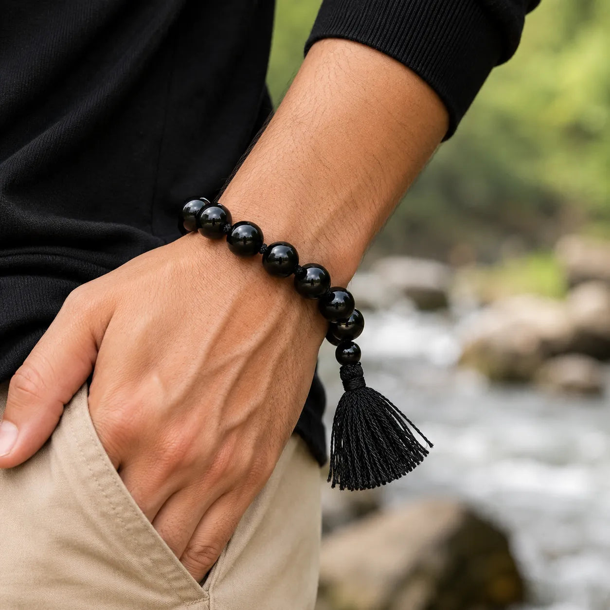 16MM Black Agate Stone Bracelet Berkho made with natural black agate gemstone beads and premium tassel for meditation, spiritual wear, and daily use