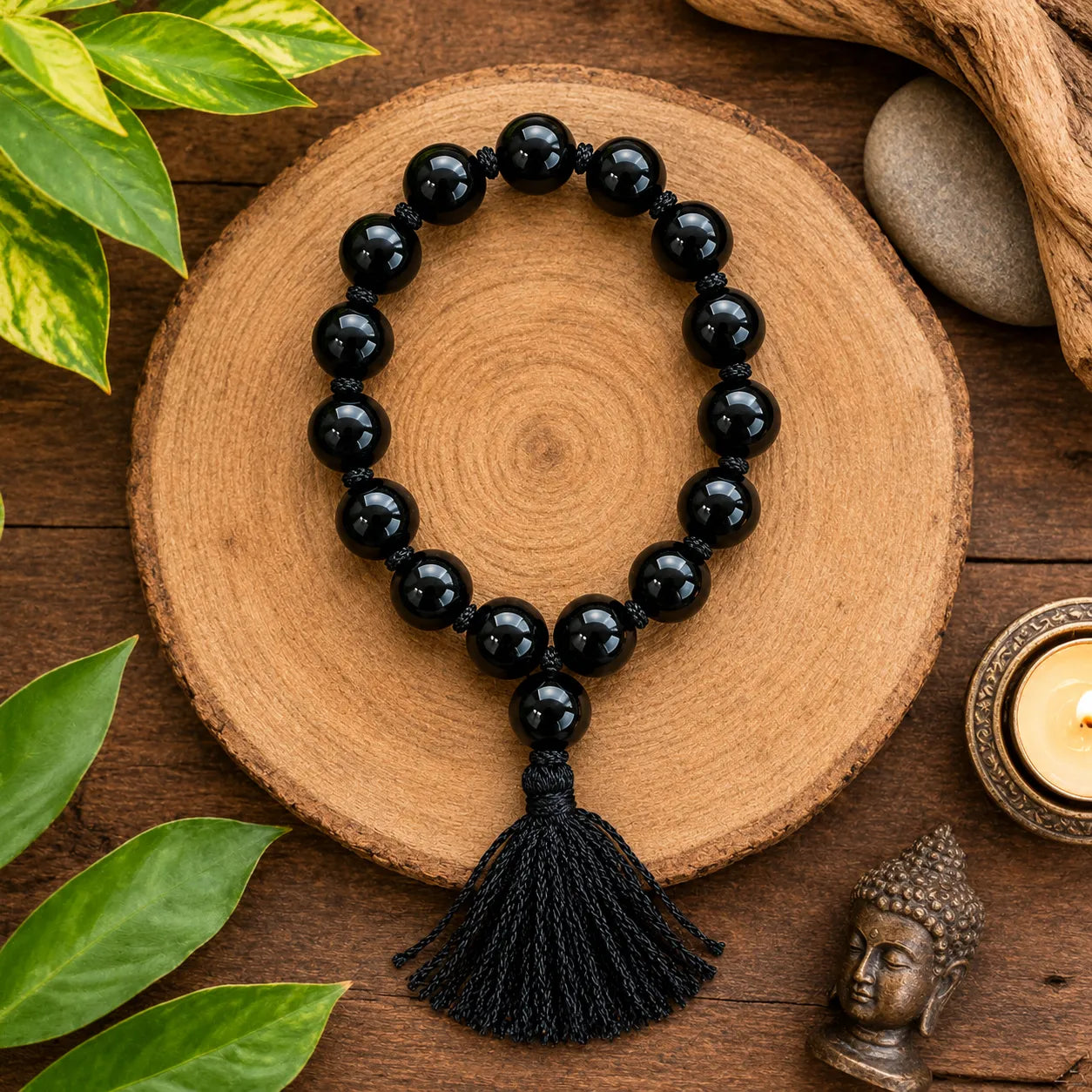 16MM Black Agate Stone Bracelet Berkho made with natural black agate gemstone beads and premium tassel for meditation, spiritual wear, and daily use