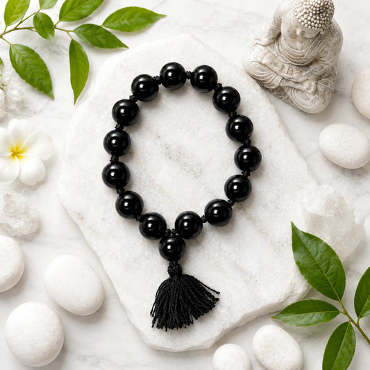 16MM Black Agate Stone Bracelet Berkho made with natural black agate gemstone beads and premium tassel for meditation, spiritual wear, and daily use