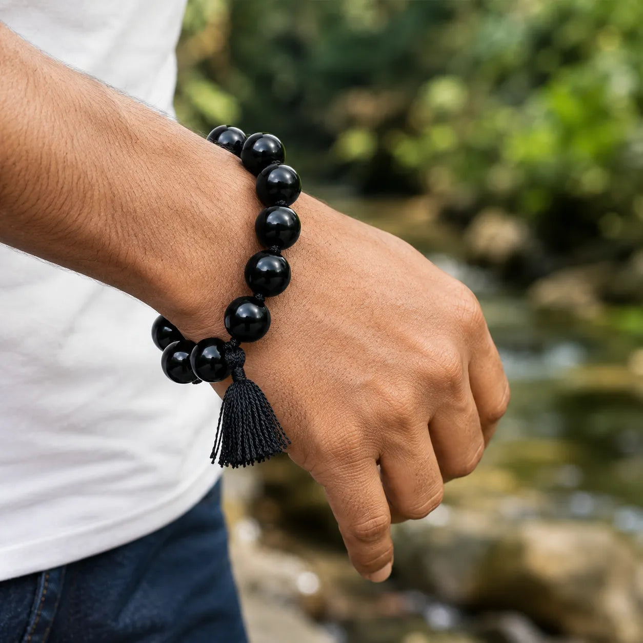 16MM Black Agate Stone Bracelet Berkho made with natural black agate gemstone beads and premium tassel for meditation, spiritual wear, and daily use