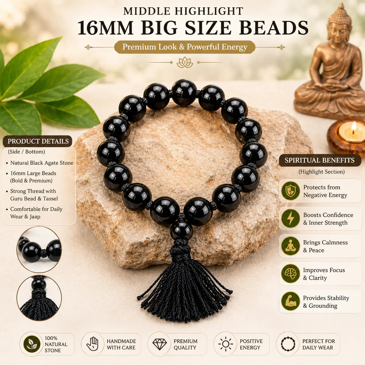 16MM Black Agate Stone Bracelet Berkho made with natural black agate gemstone beads and premium tassel for meditation, spiritual wear, and daily use