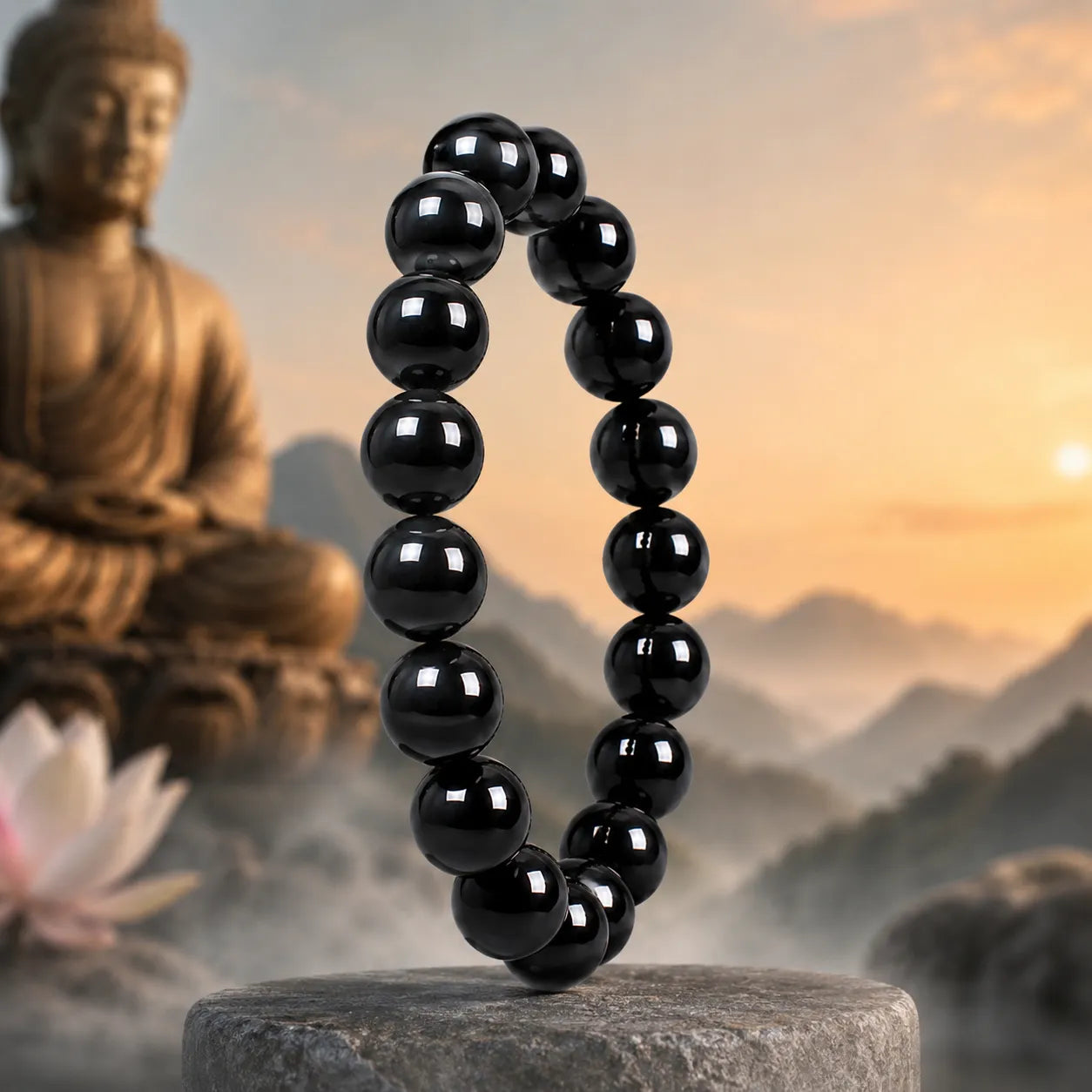 16MM Black Agate Stone Bracelet Berkho made with natural polished black agate gemstone beads for men and women