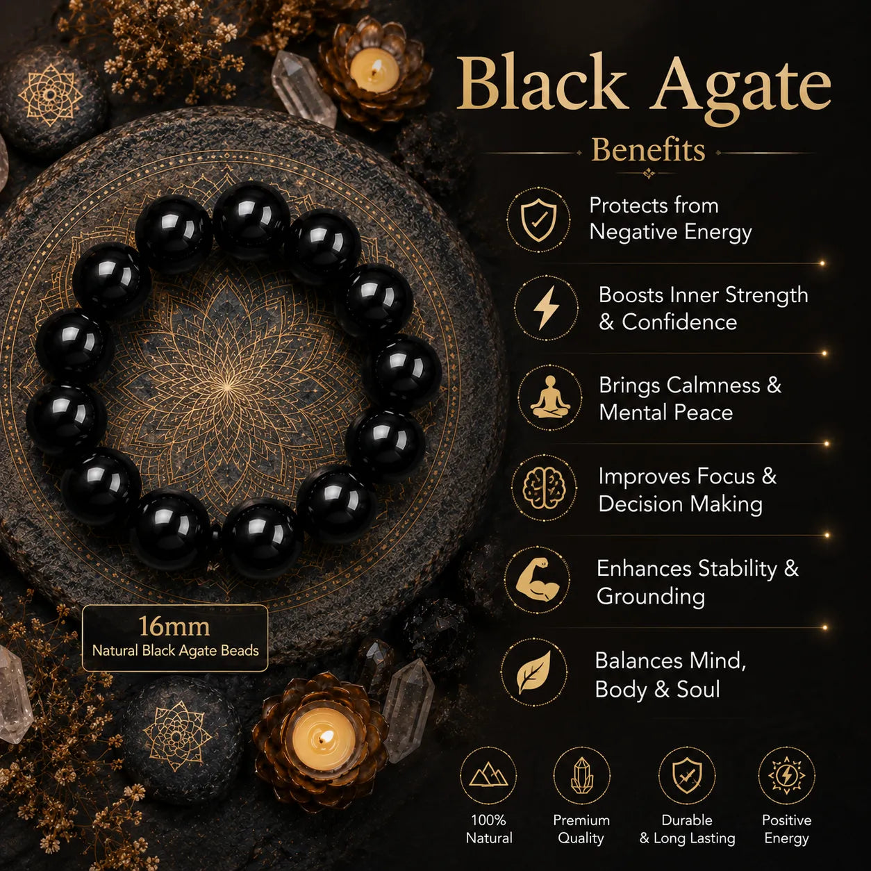 16MM Black Agate Stone Bracelet Berkho made with natural polished black agate gemstone beads for men and women