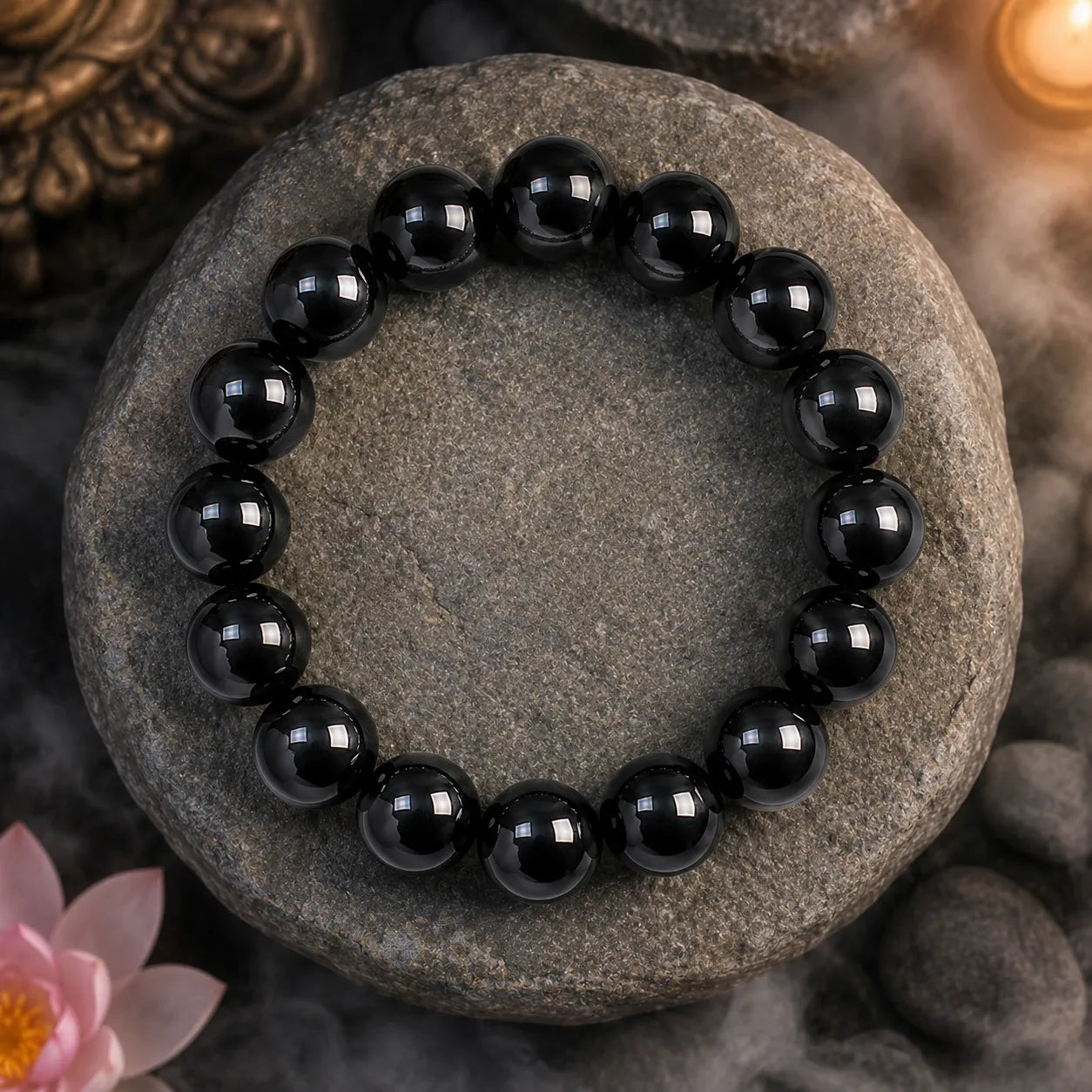 16MM Black Agate Stone Bracelet Berkho made with natural polished black agate gemstone beads for men and women
