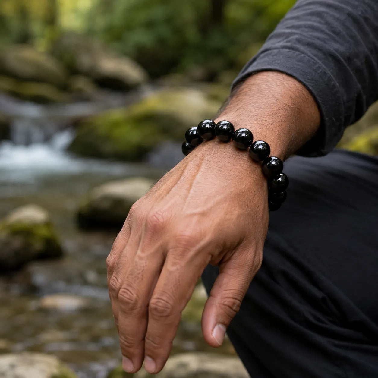 16MM Black Agate Stone Bracelet Berkho made with natural polished black agate gemstone beads for men and women