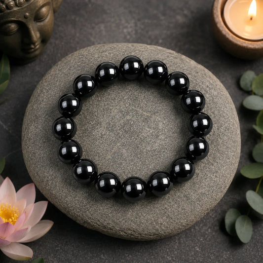 16MM Black Agate Stone Bracelet Berkho made with natural polished black agate gemstone beads for men and women