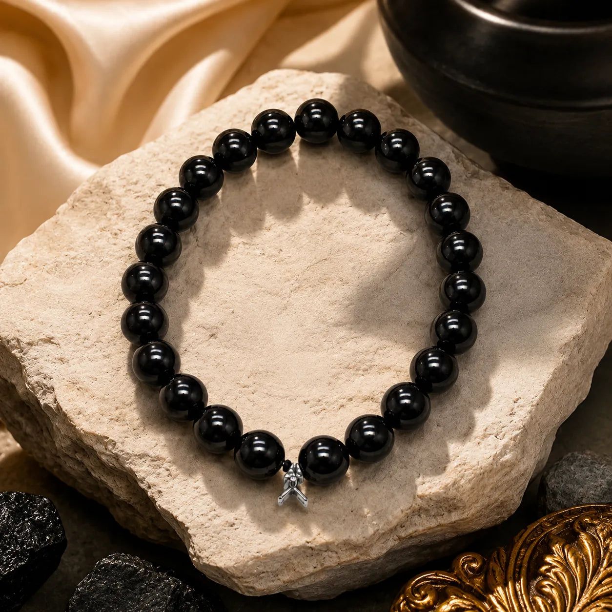 6MM Natural Black Agate Stone Bracelet Berkho with polished black gemstone beads for men and women