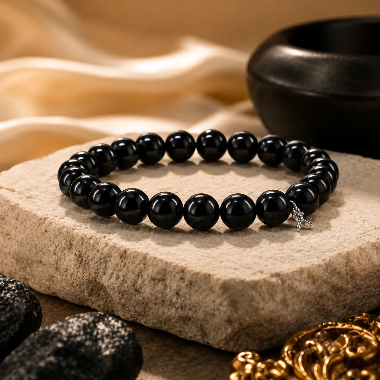 6MM Natural Black Agate Stone Bracelet Berkho with polished black gemstone beads for men and women